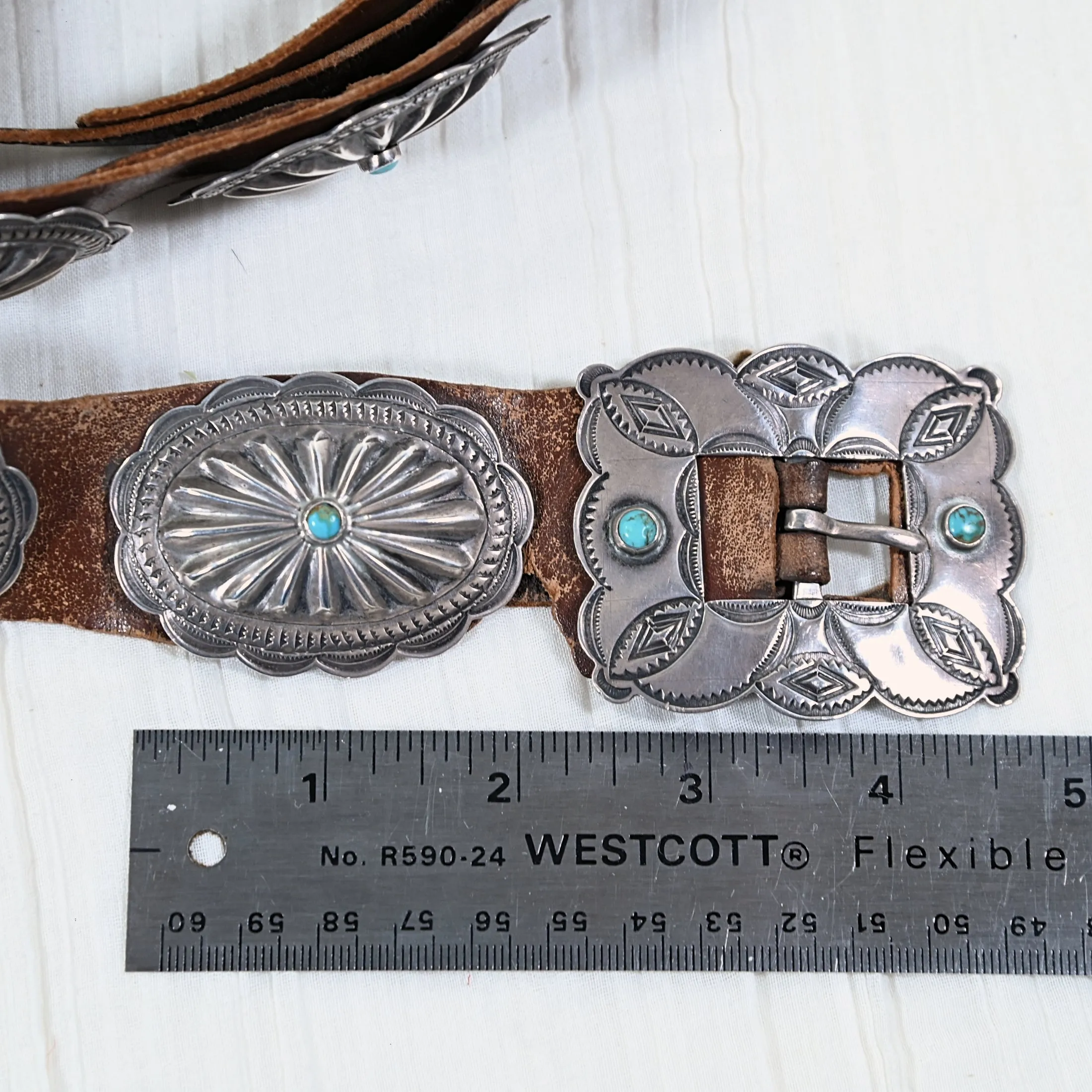 1930s Navajo Concho Belt, Hand Stamped Silver Turquoise Native American Belt, 31" L