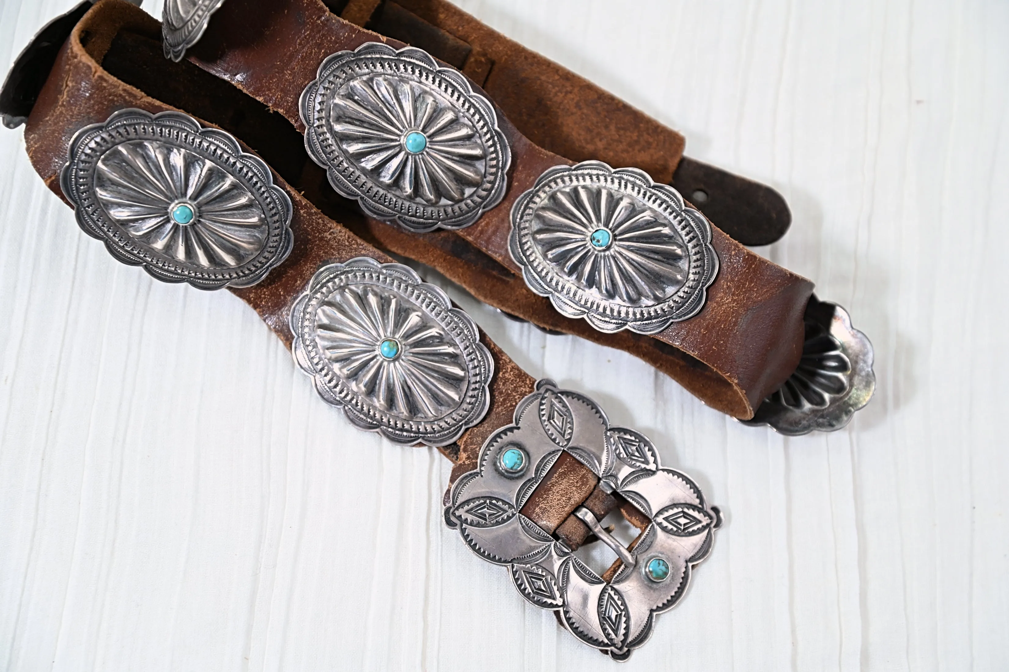 1930s Navajo Concho Belt, Hand Stamped Silver Turquoise Native American Belt, 31" L