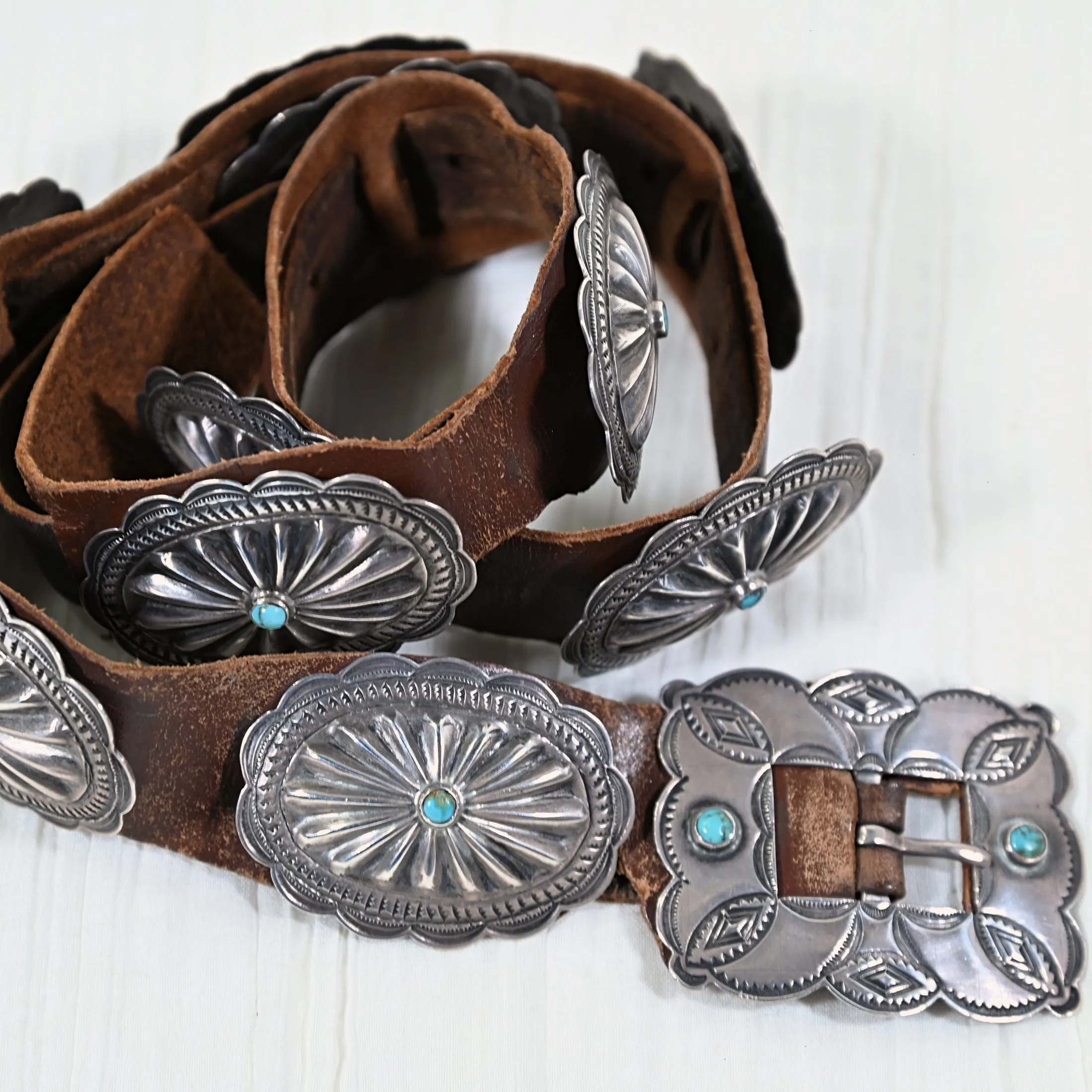 1930s Navajo Concho Belt, Hand Stamped Silver Turquoise Native American Belt, 31" L