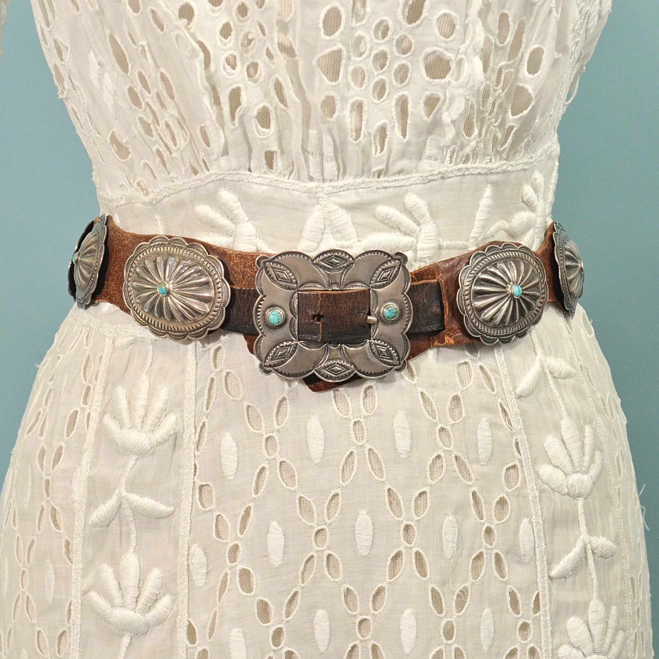 1930s Navajo Concho Belt, Hand Stamped Silver Turquoise Native American Belt, 31" L