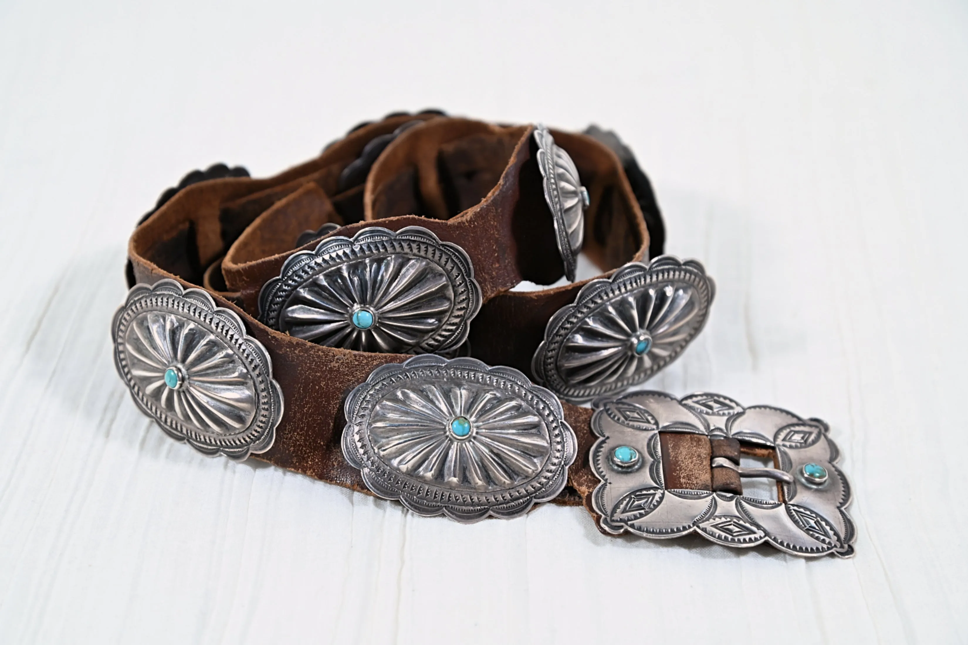 1930s Navajo Concho Belt, Hand Stamped Silver Turquoise Native American Belt, 31" L