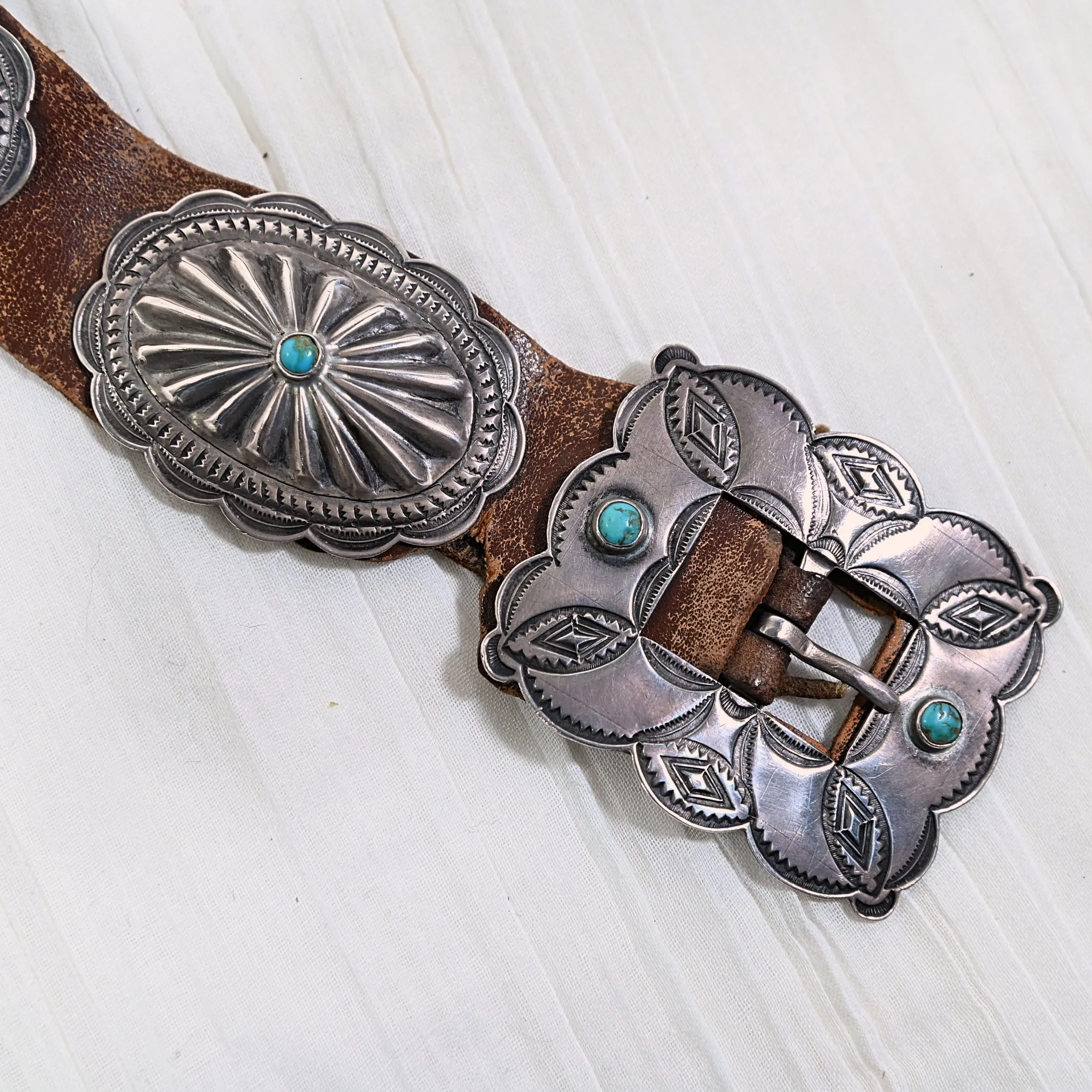 1930s Navajo Concho Belt, Hand Stamped Silver Turquoise Native American Belt, 31" L