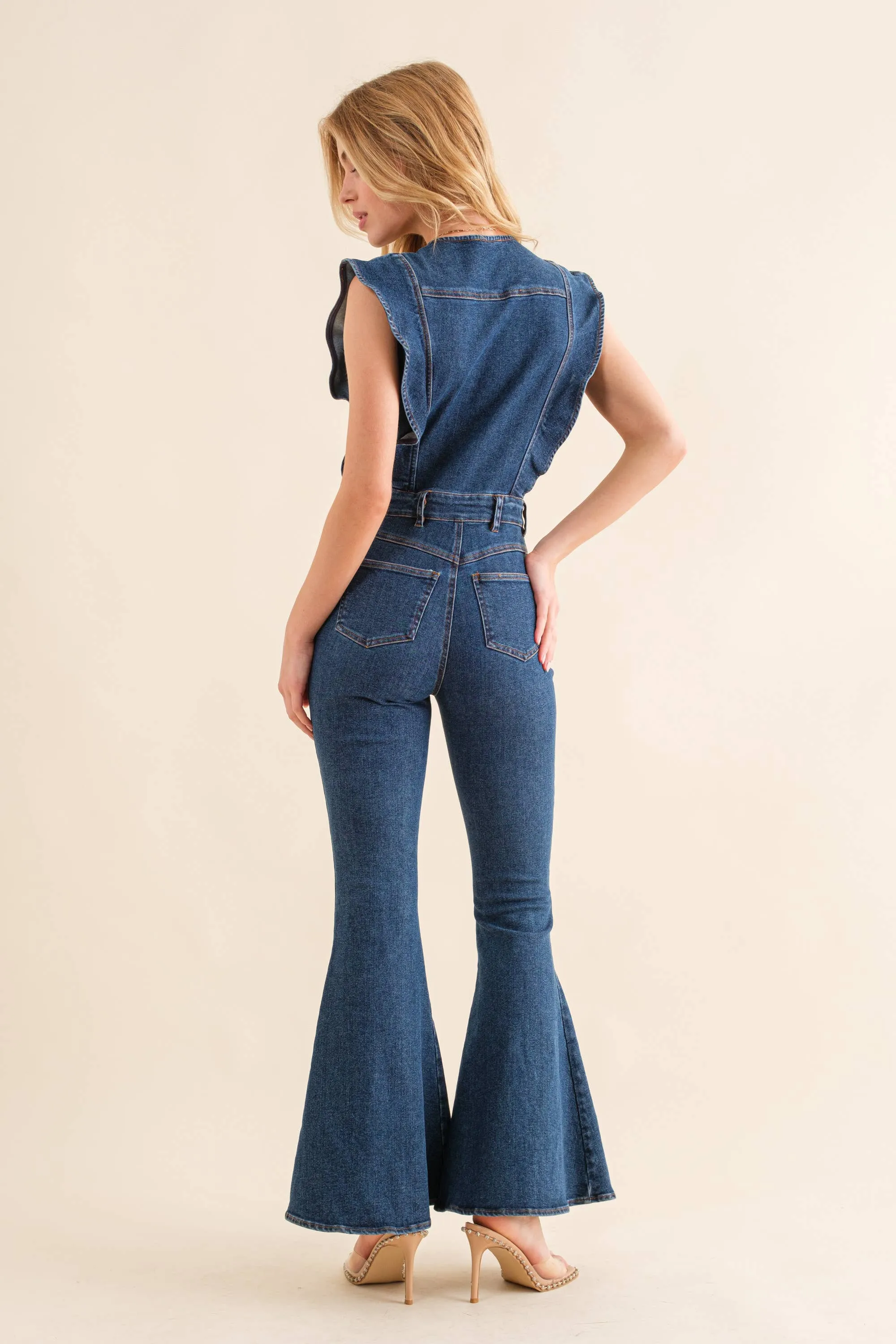 22646R - Ruffle SLV Button Up Bell Bottom Denim Jumpsuit medium wash