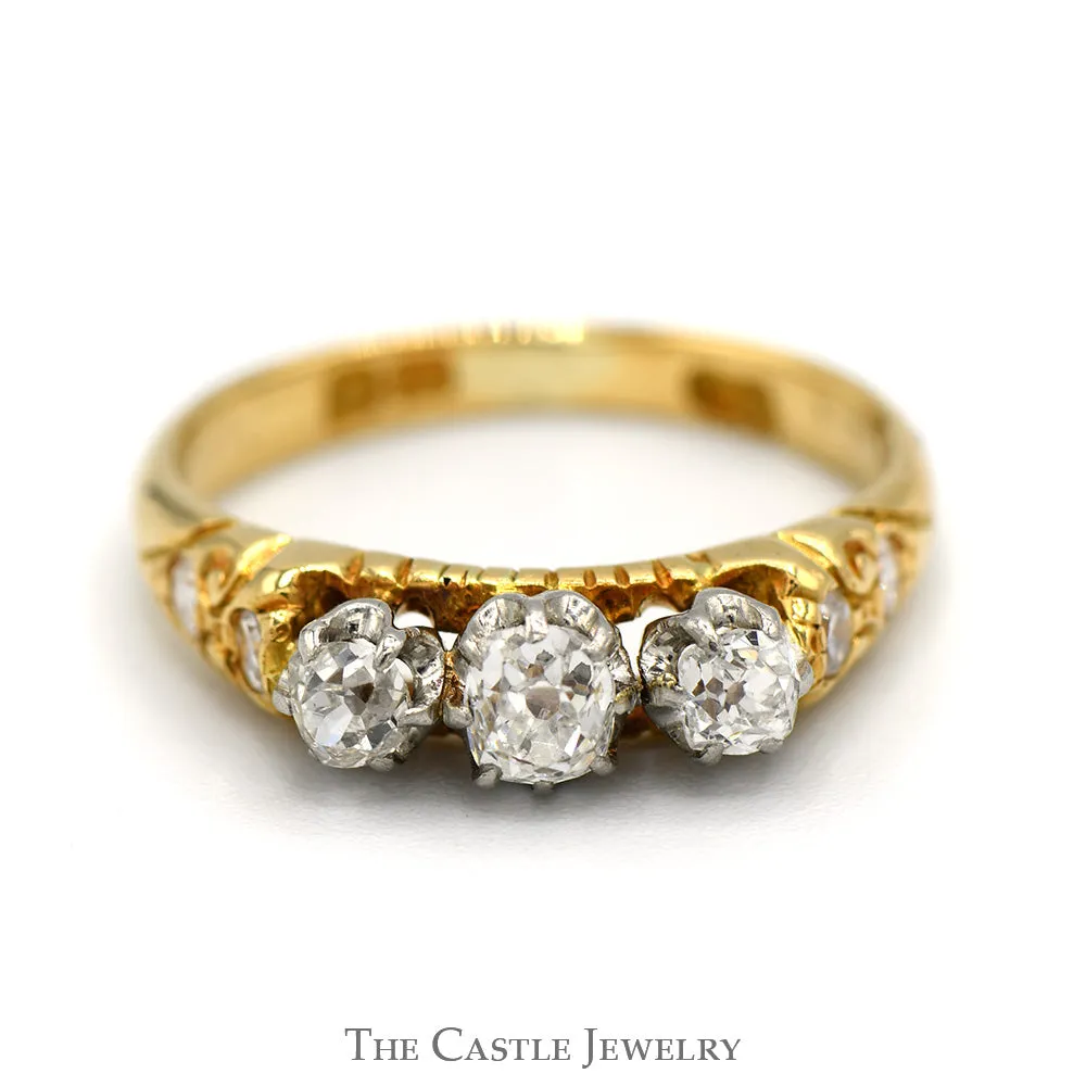 3 Stone Old Mine Cut Diamond Ring with Diamond Accented Sides in 10k Yellow Gold