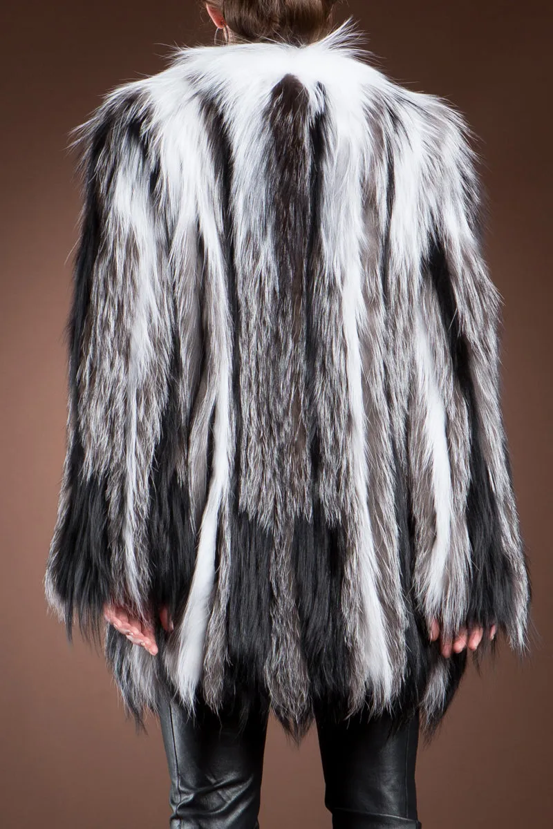 Arctic Marble, Silver & Black Sliver Fox on Jersey Mid-Length Fur Coat