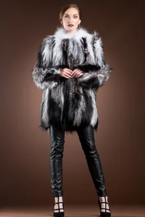 Arctic Marble, Silver & Black Sliver Fox on Jersey Mid-Length Fur Coat