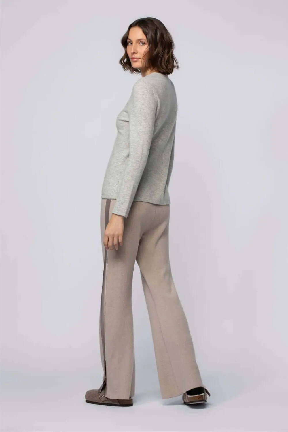 Bani Flared Knit Pants with Silk Stripes in Taupe