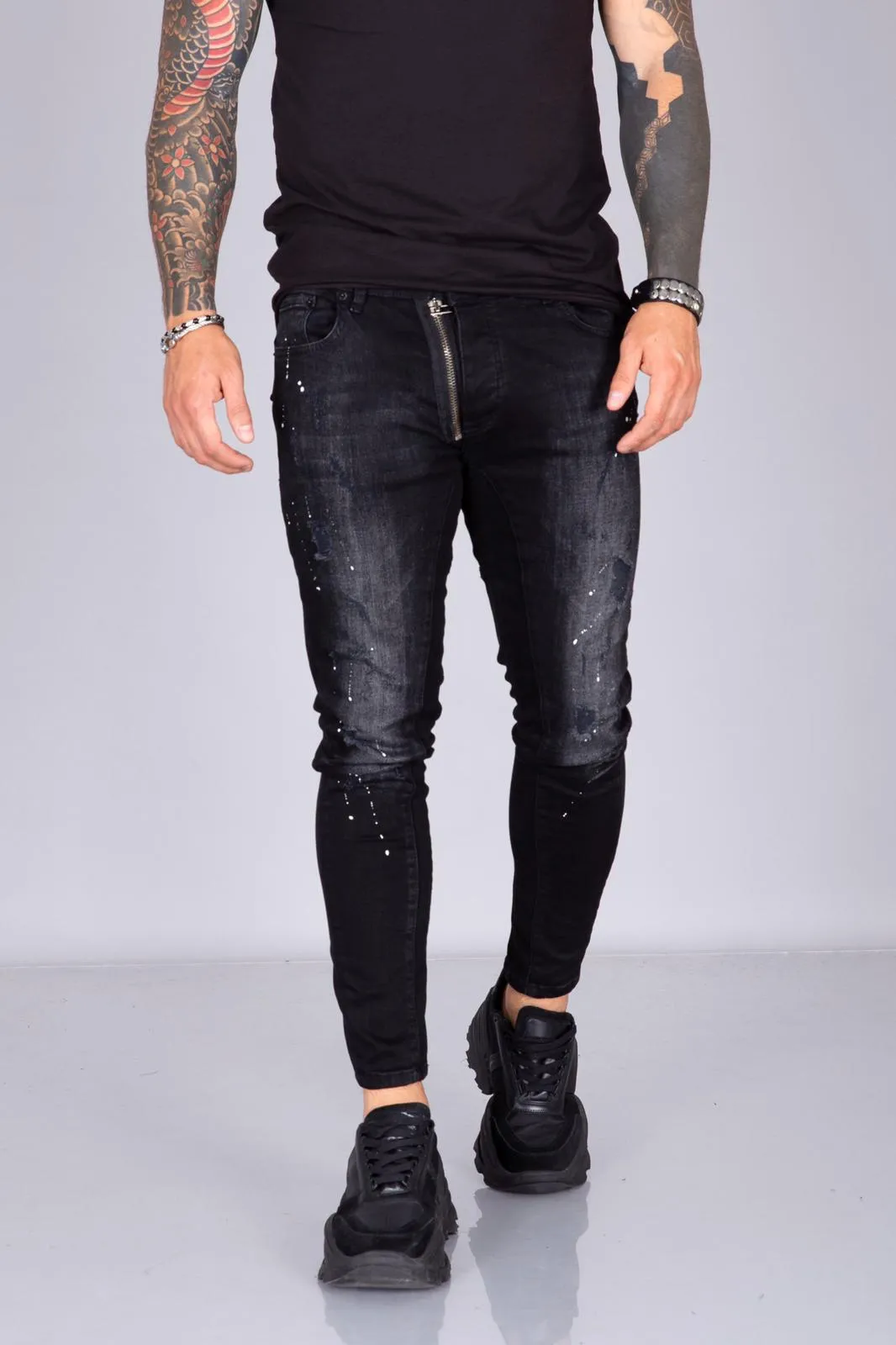 Black Colour Dot Front Zip Skinny Fit Jeans  BI-035 Streetwear Jeans