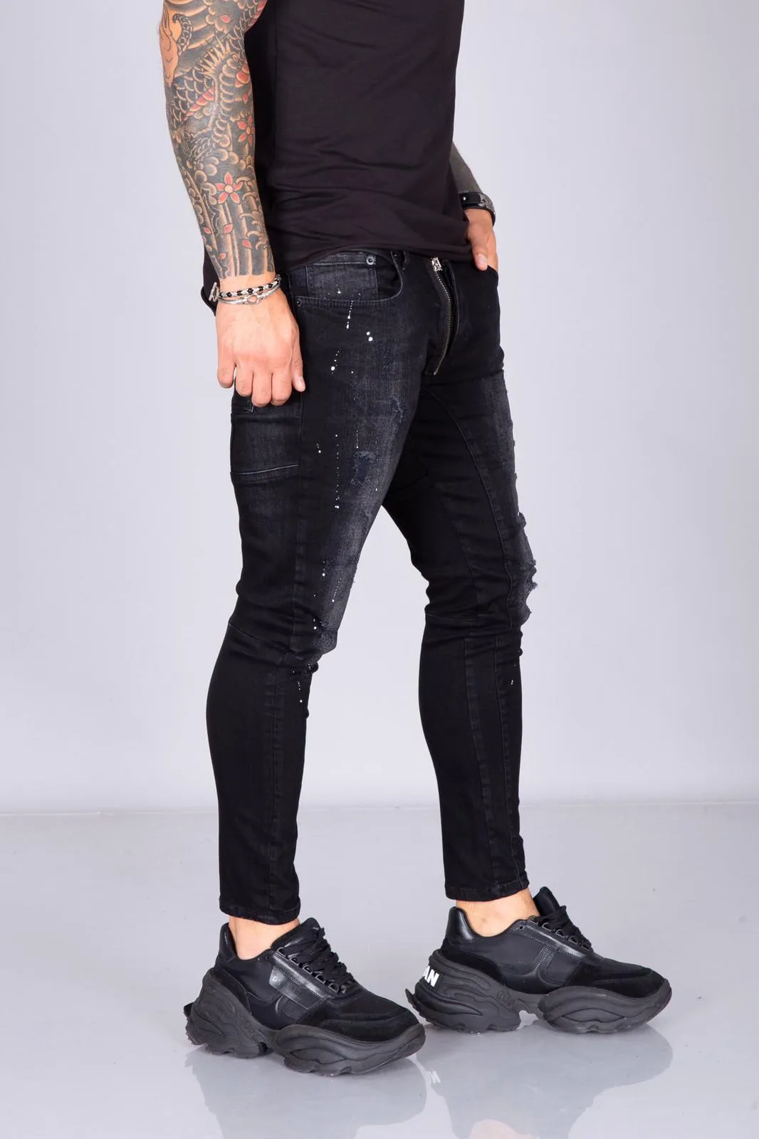 Black Colour Dot Front Zip Skinny Fit Jeans  BI-035 Streetwear Jeans