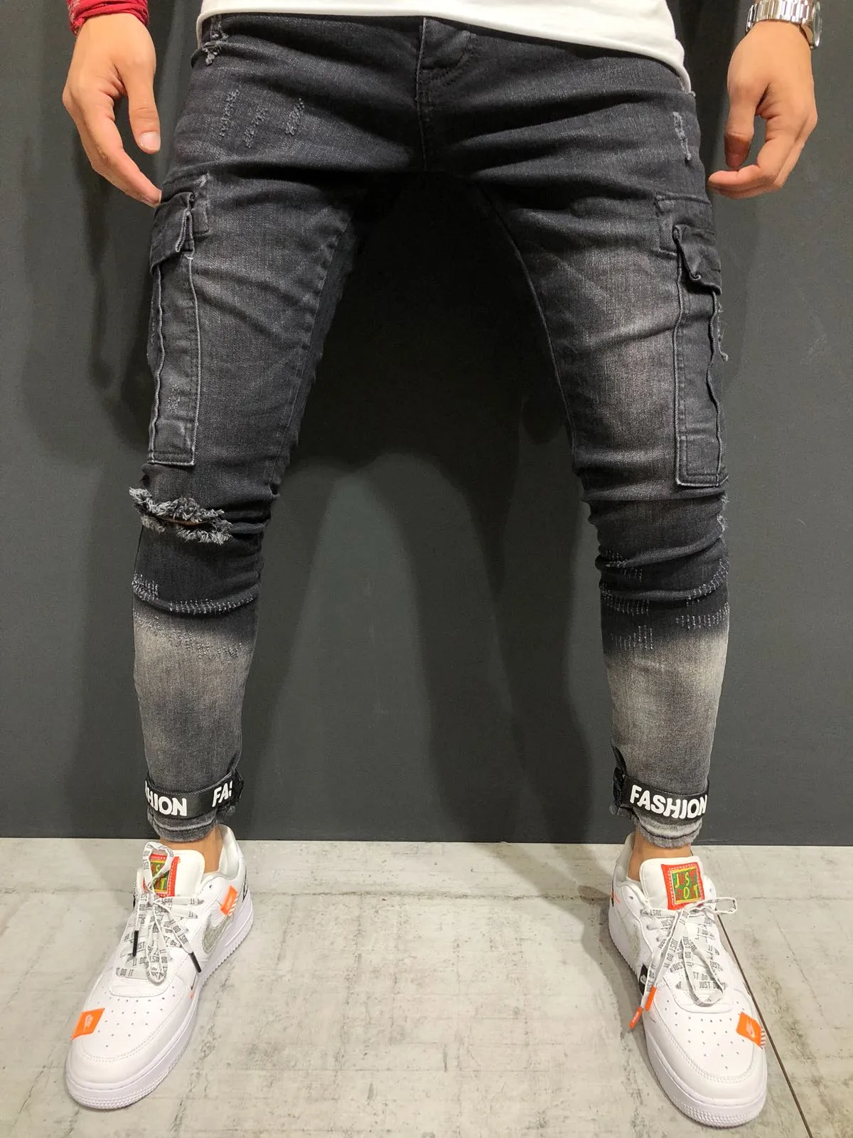 Black Destroyed Ankle Skinny Fit Denim A153 Streetwear Jeans