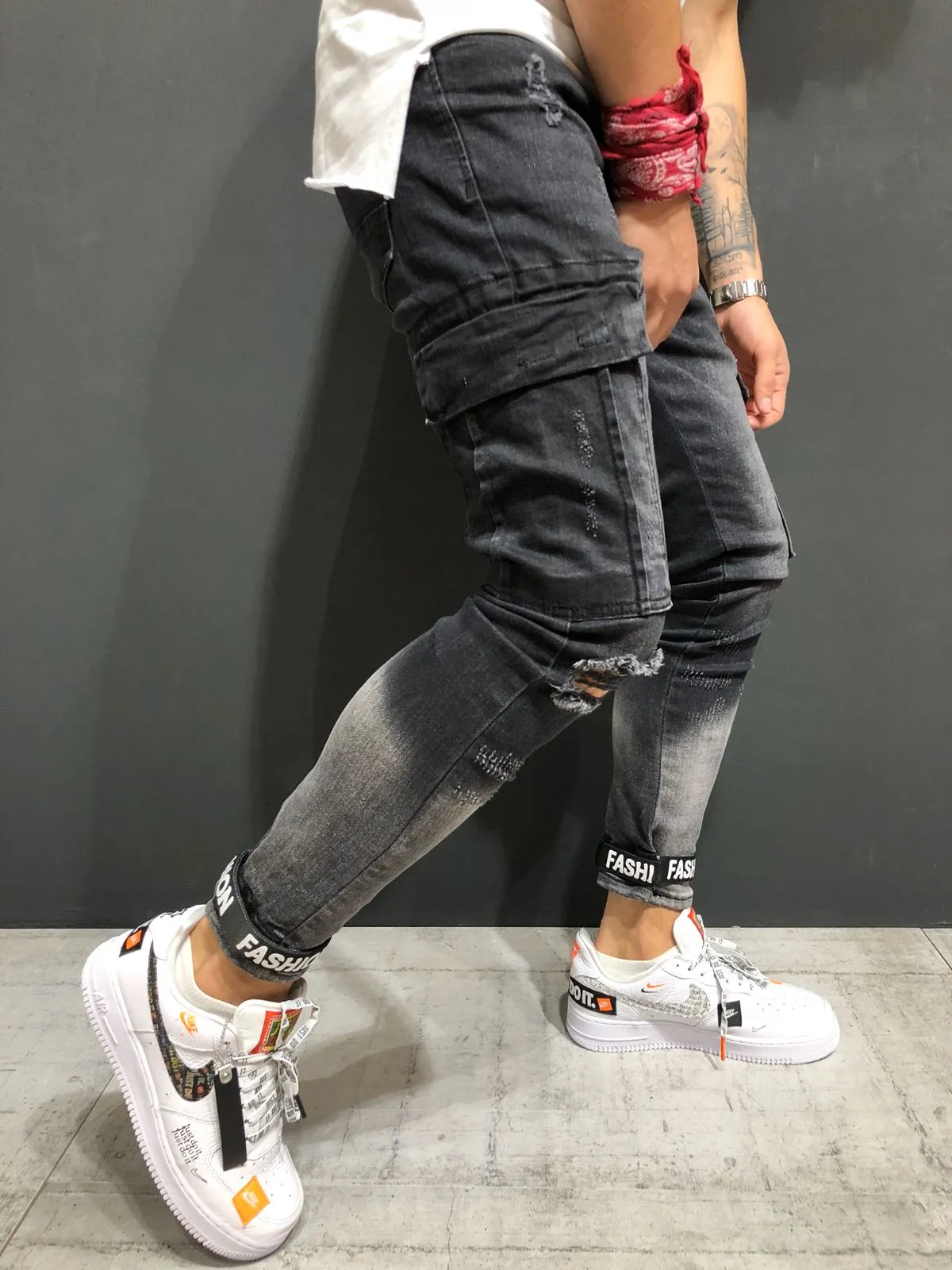 Black Destroyed Ankle Skinny Fit Denim A153 Streetwear Jeans