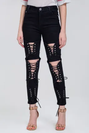 Black Lace Up Leg Skinny Jeans