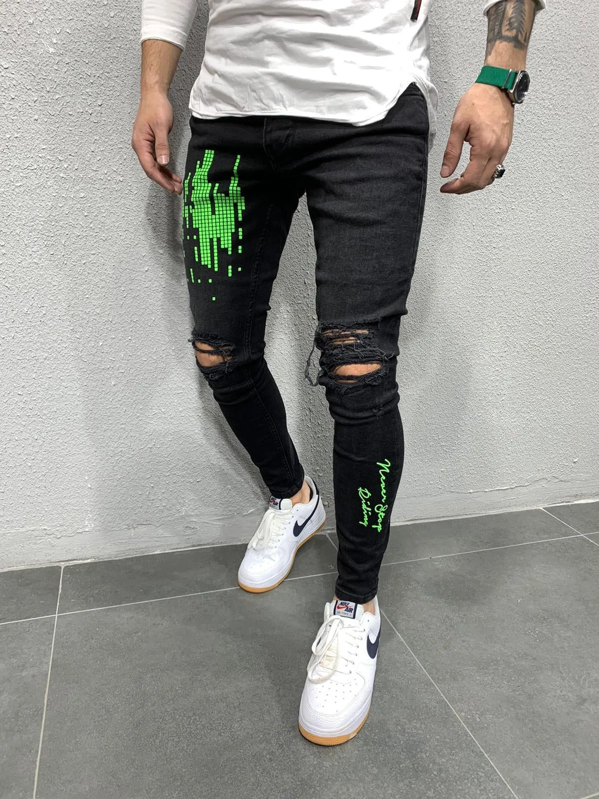 Black Neon Green Printed Skinny Fit Jeans AY667 Streetwear Jeans