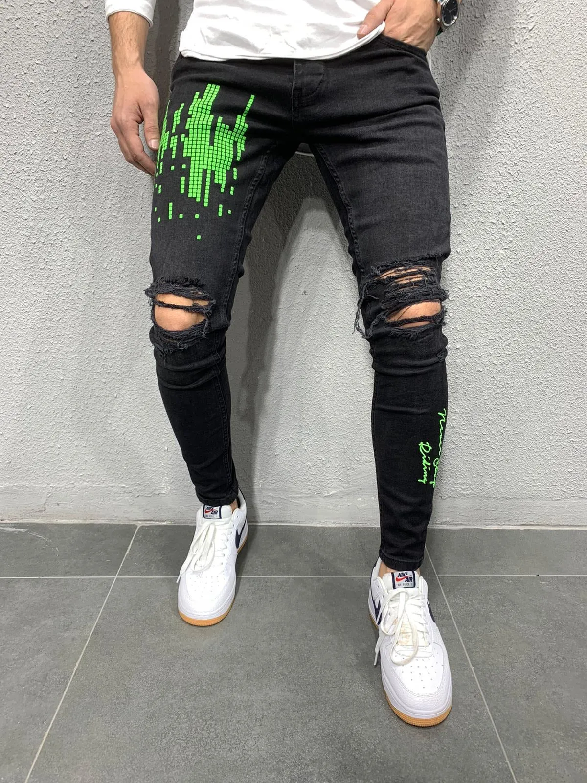 Black Neon Green Printed Skinny Fit Jeans AY667 Streetwear Jeans