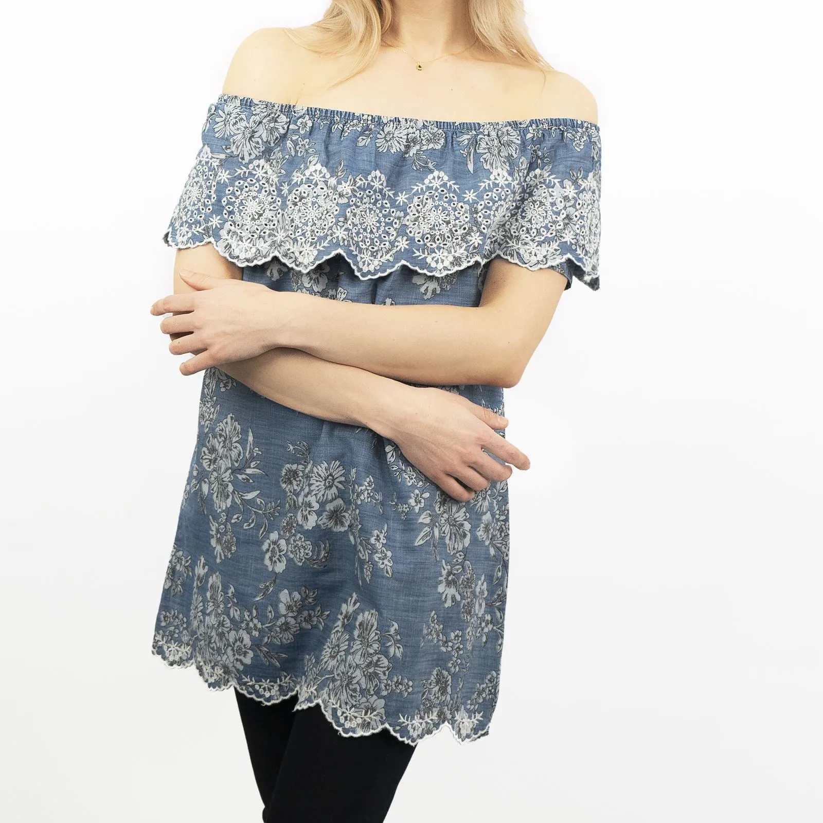 Blue Embroidered Off Shoulder Tunic Longline Women's Tops