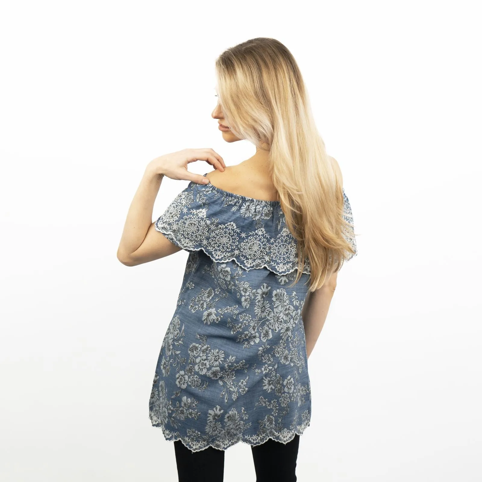 Blue Embroidered Off Shoulder Tunic Longline Women's Tops