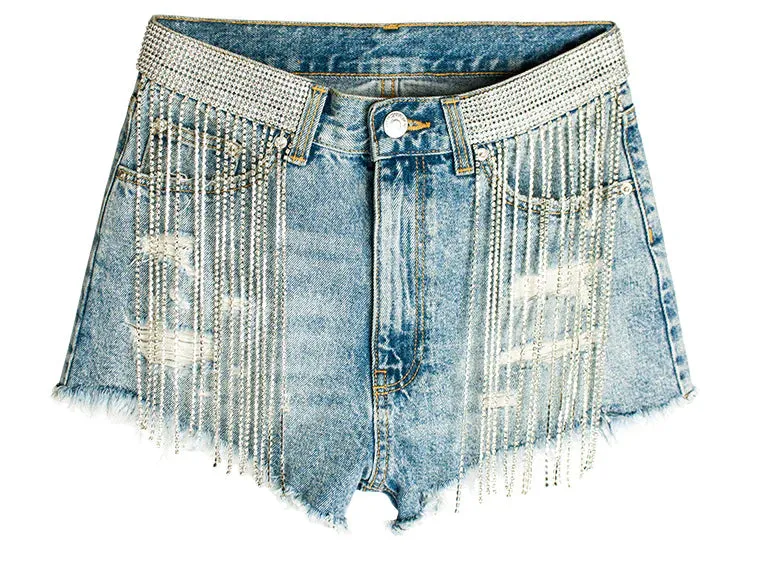 BROAD-LEGGED TIDE SRILL CHAIN DENIM SHORTS