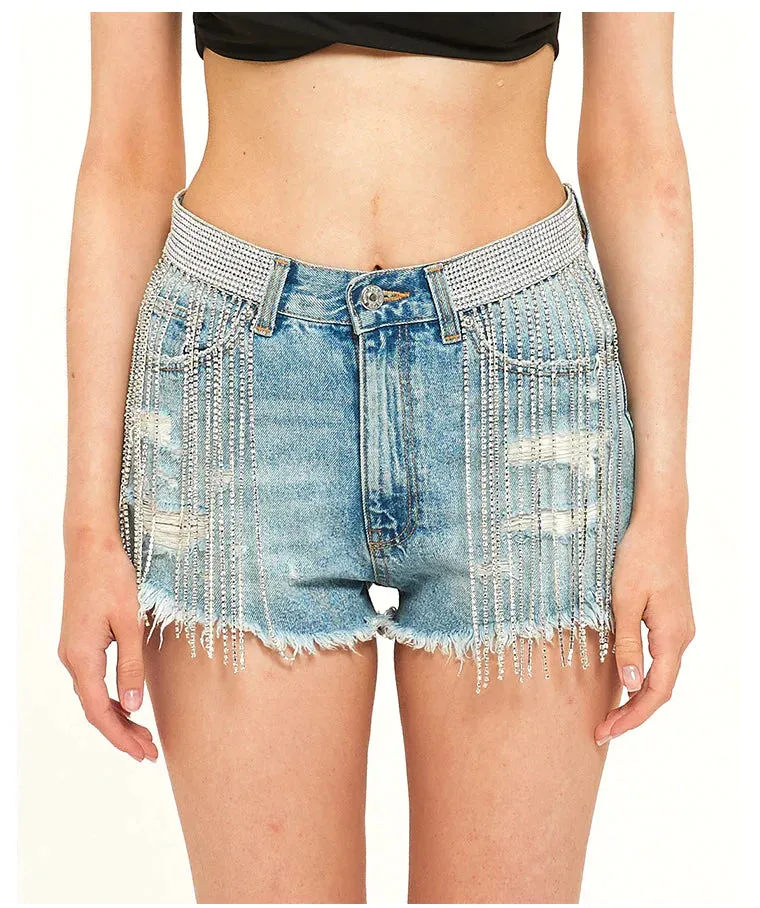 BROAD-LEGGED TIDE SRILL CHAIN DENIM SHORTS