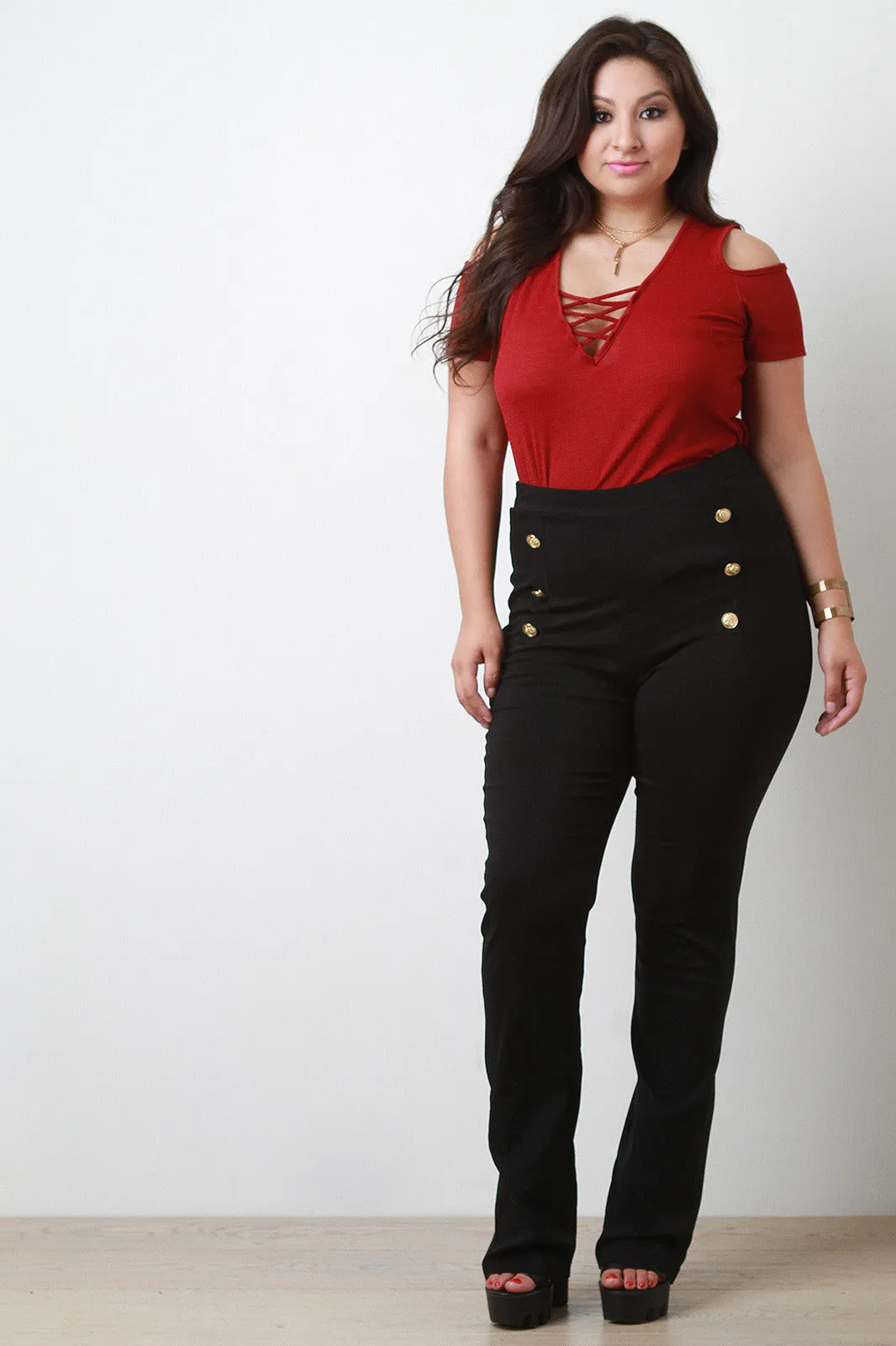 Button Accent High Waisted Pants