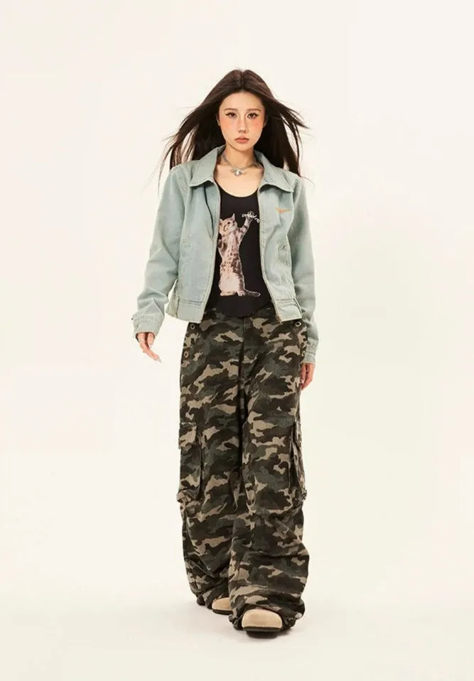 Camouflage Cargo Trousers with Double Side Belt Straps