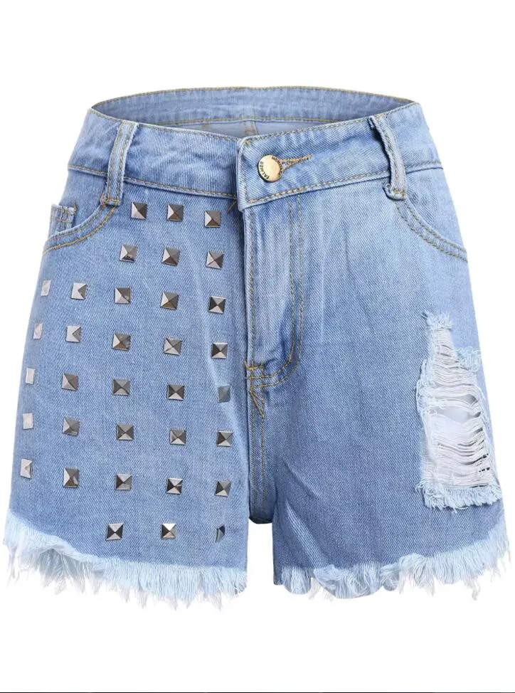 Cheap Studed Frayed Denim Shorts