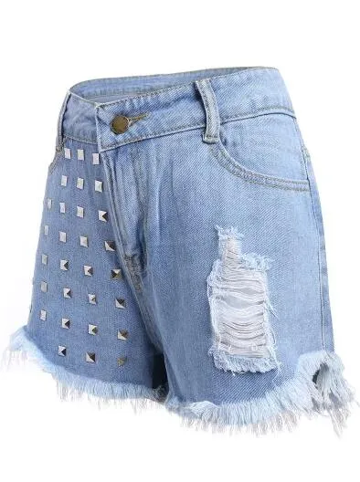 Cheap Studed Frayed Denim Shorts