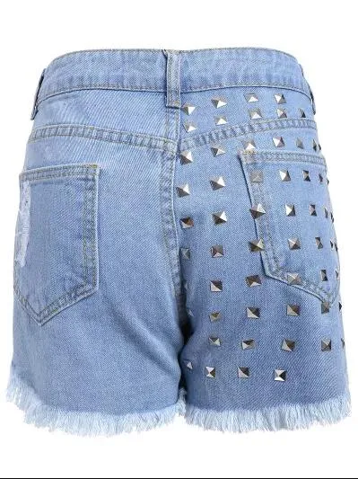 Cheap Studed Frayed Denim Shorts