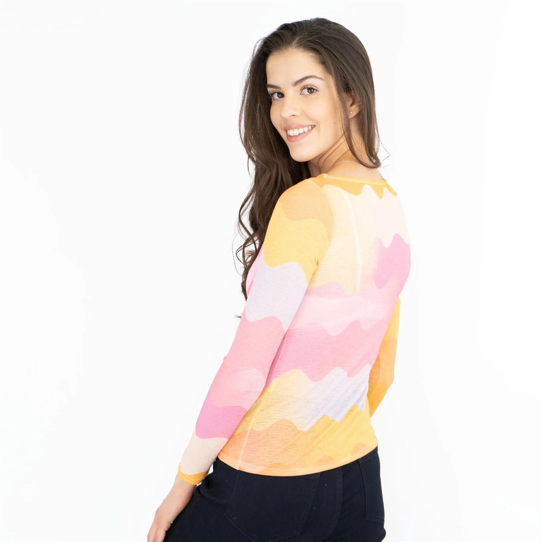 Coast Pink Chevron Print Long Sleeve Boat Neck Mesh Tops