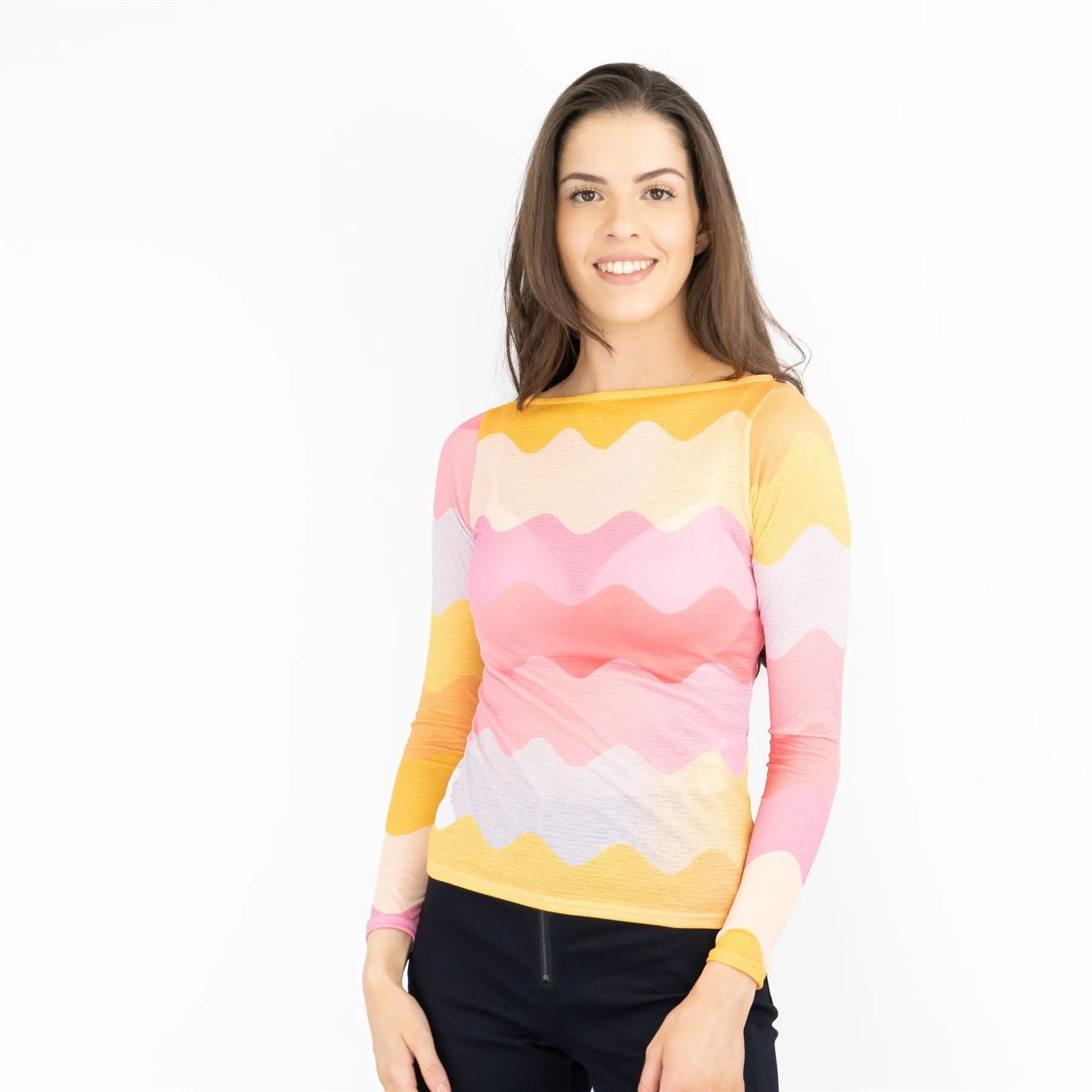 Coast Pink Chevron Print Long Sleeve Boat Neck Mesh Tops