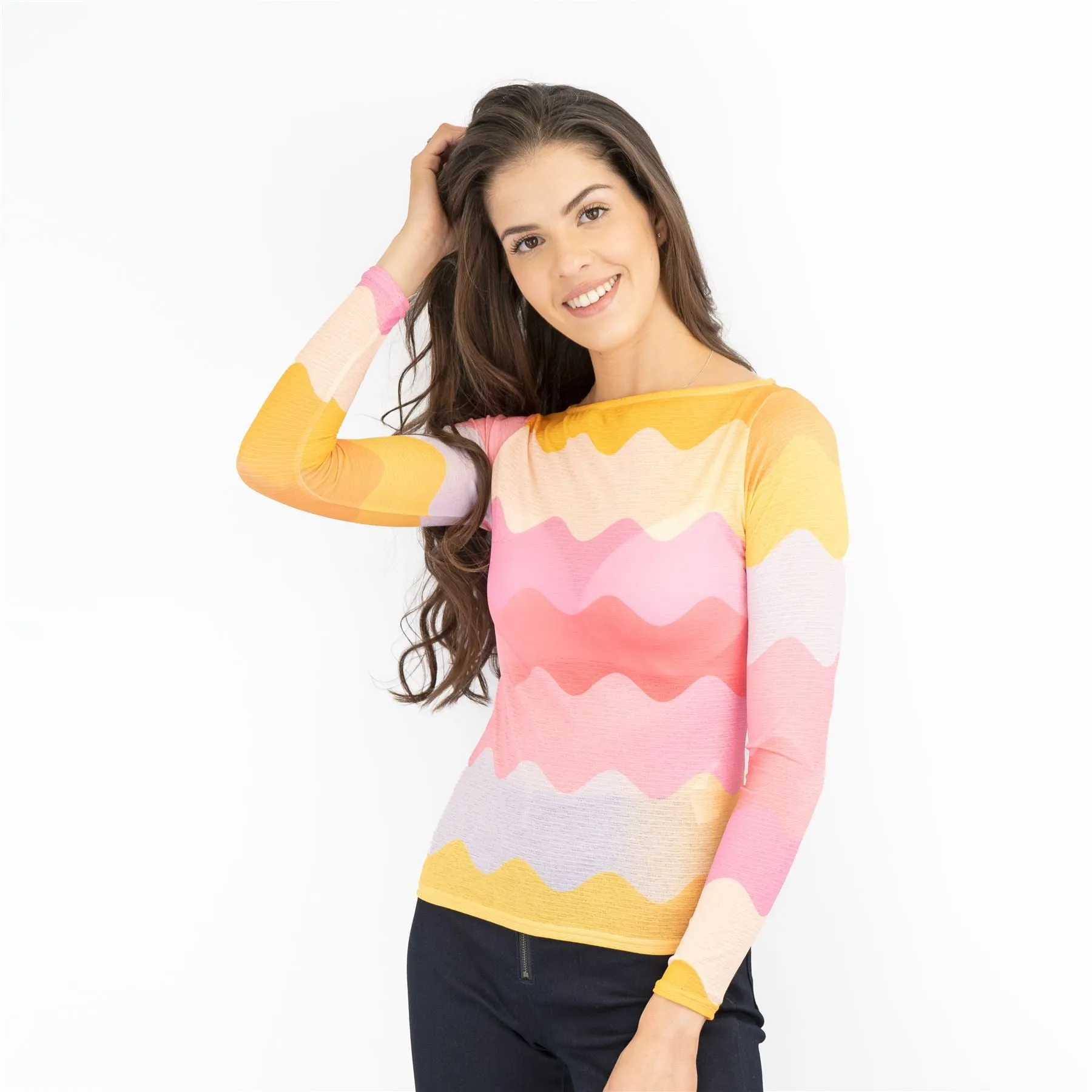 Coast Pink Chevron Print Long Sleeve Boat Neck Mesh Tops