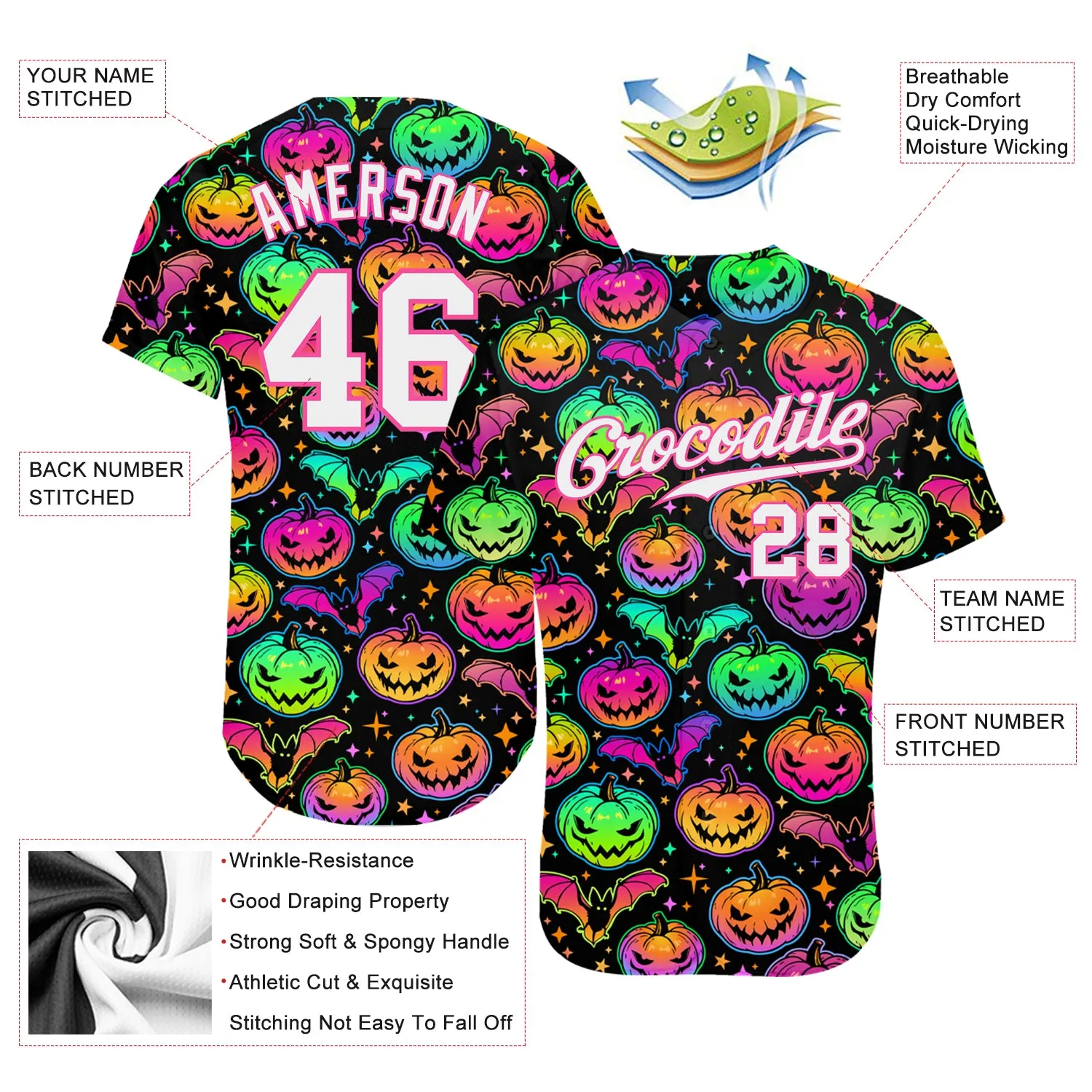 Custom 3D Pattern Bright Multicolored Halloween Pumpkins And Bats Authentic Baseball Jersey