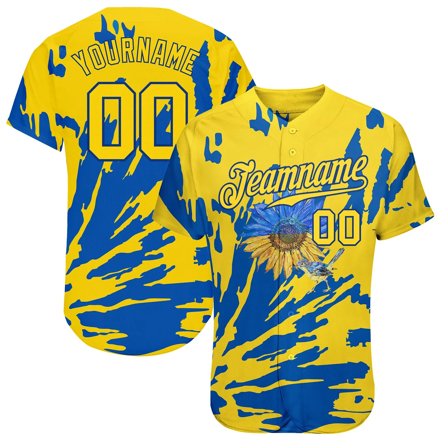 Custom 3D Pattern Design Ukraine Sunflower Nightingale Authentic Baseball Jersey