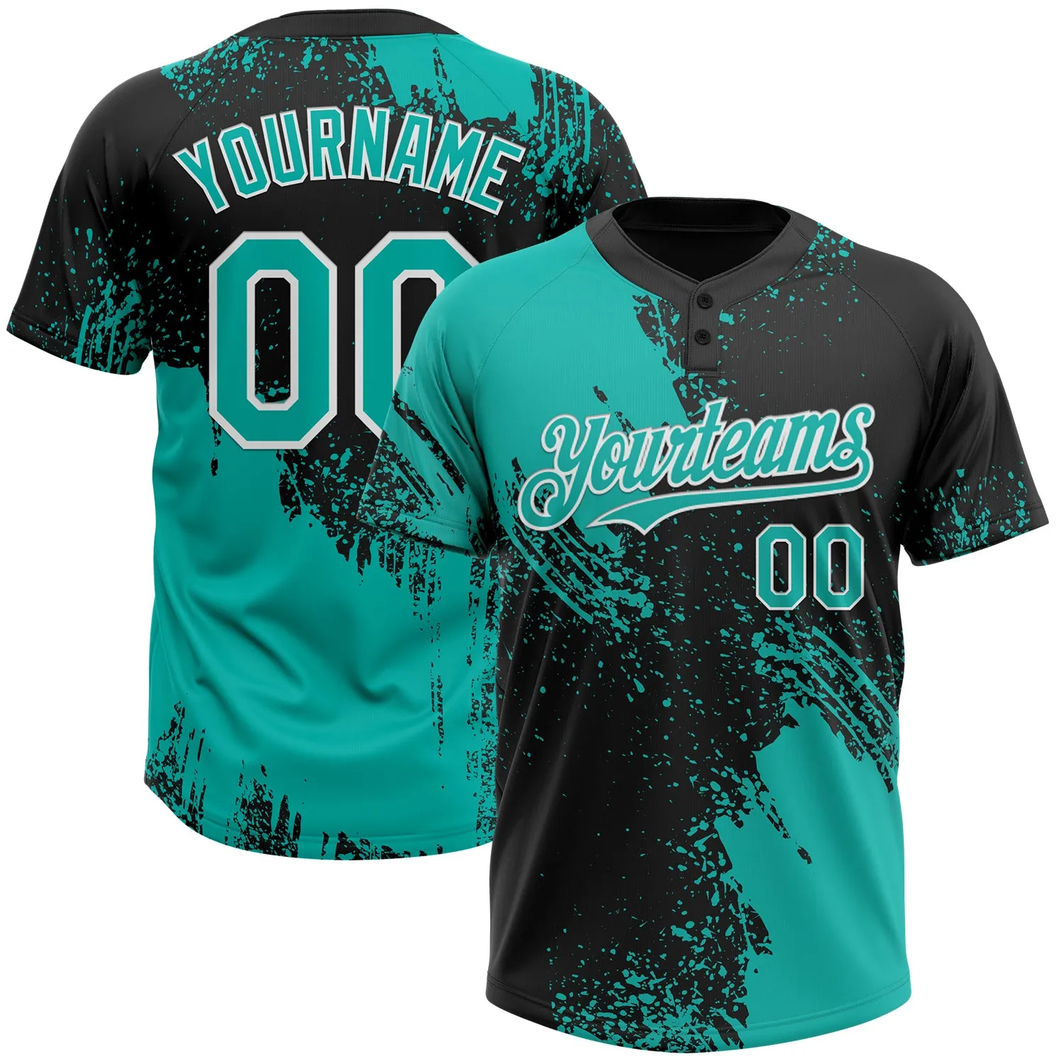 Custom Aqua Black-White 3D Pattern Abstract Brush Stroke Two-Button Unisex Softball Jersey