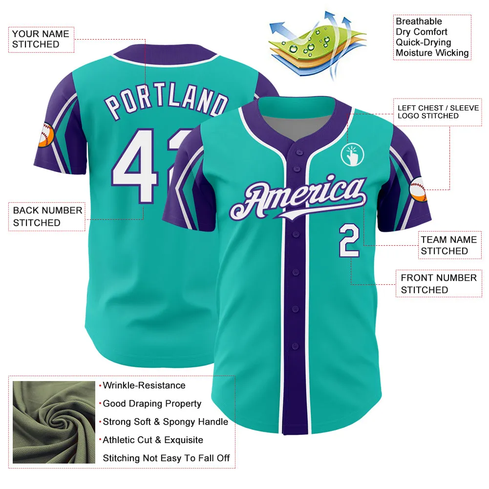 Custom Aqua White-Purple 3 Colors Arm Shapes Authentic Baseball Jersey