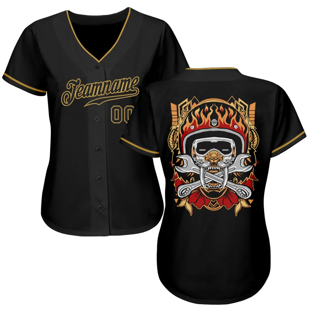 Custom Black Black-Old Gold Authentic Skull Fashion Baseball Jersey