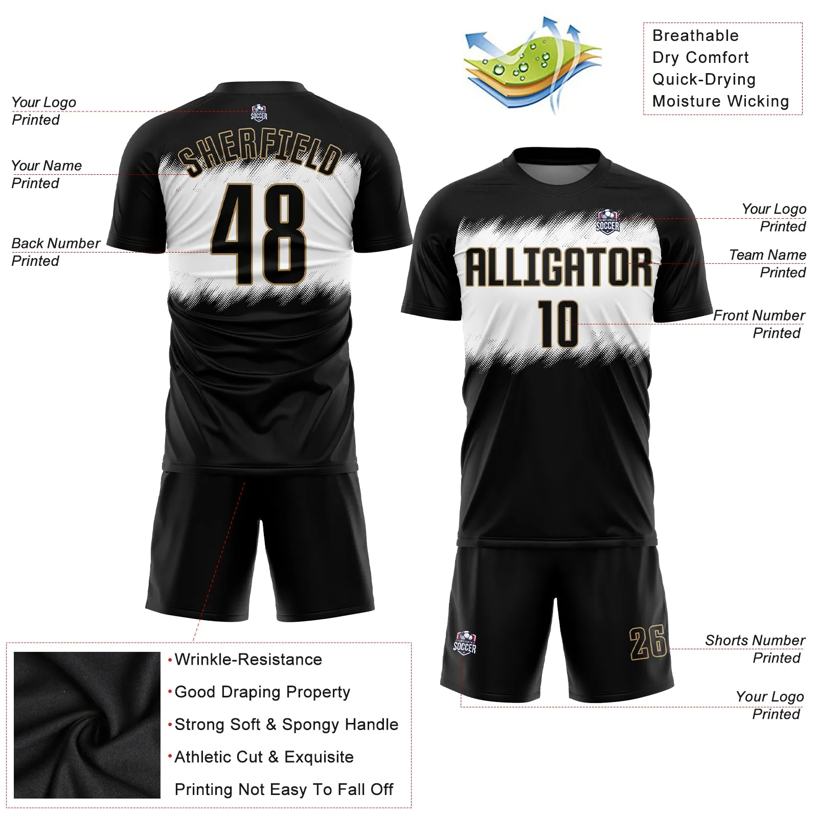 Custom Black Black-Old Gold Sublimation Soccer Uniform Jersey