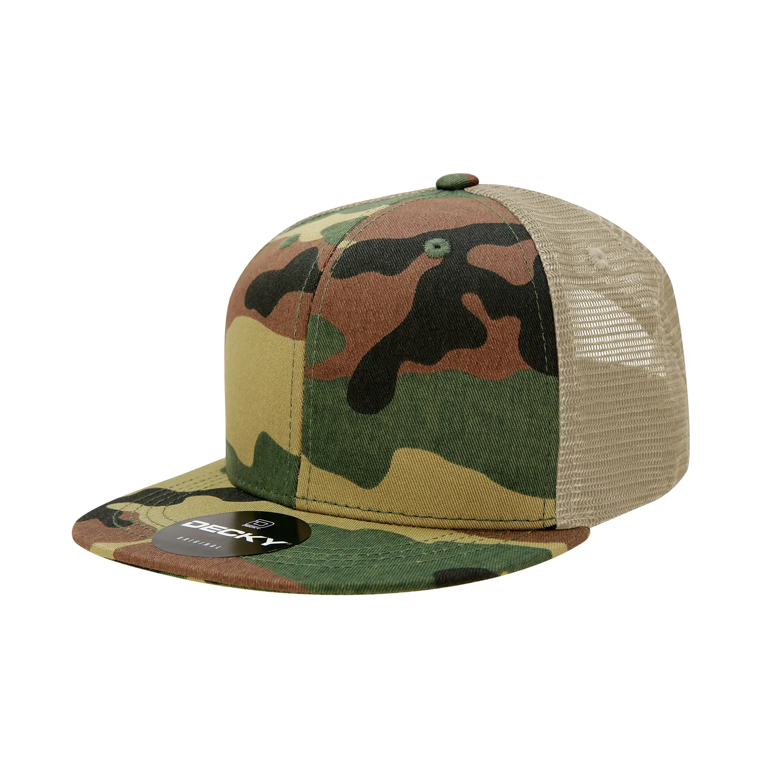 Decky 1055 Camo Flat Bill Trucker Hat, Camouflage 6 Panel Trucker Cap