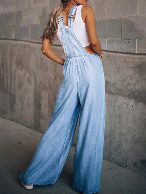 Denim Adjustable Wide Leg Pants Overalls