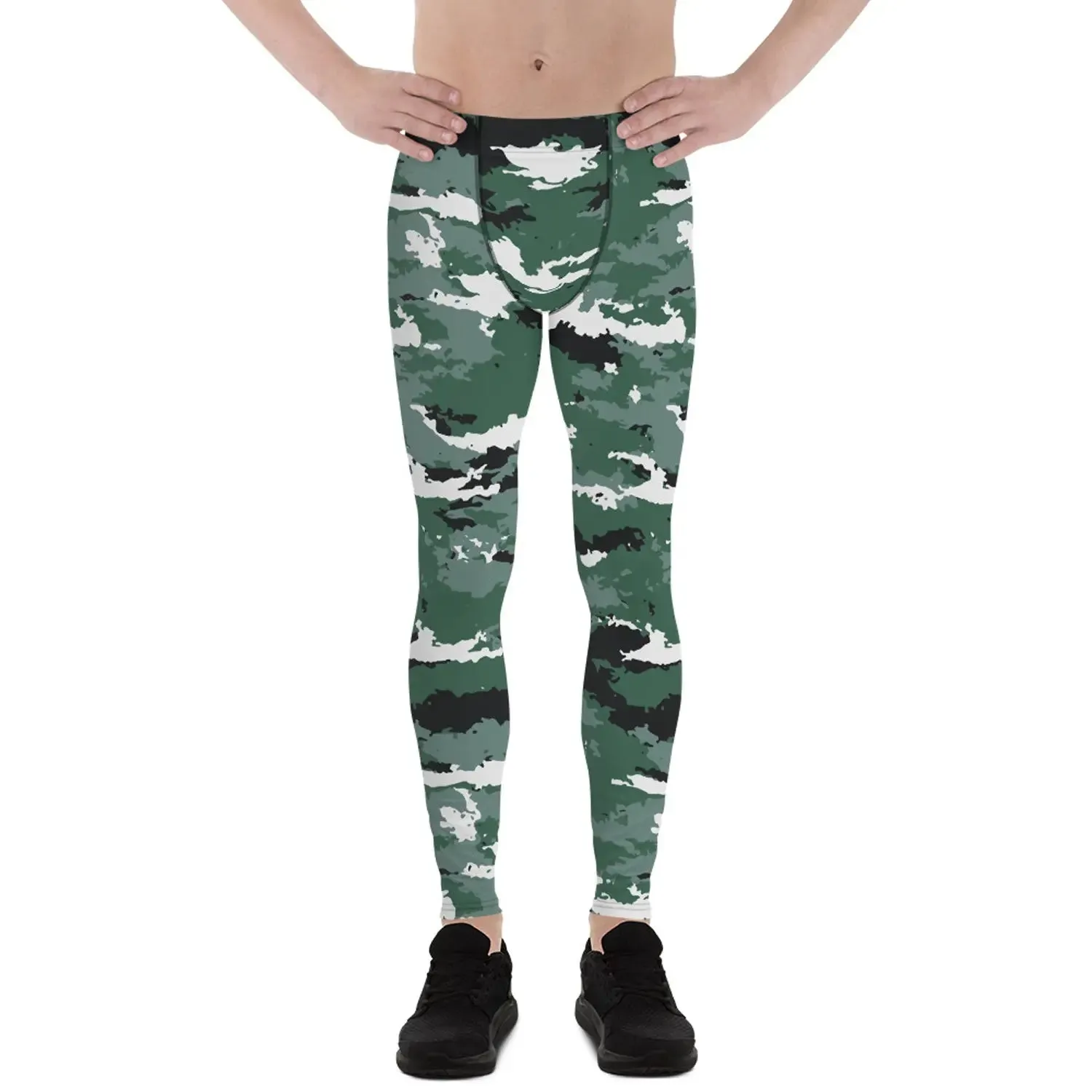 Earth Green Camo Men's Leggings - Moisture-Wicking, Quick-Drying, Compression, UPF 38-40 - Ideal for Surfing, MMA, Crossfit, Running