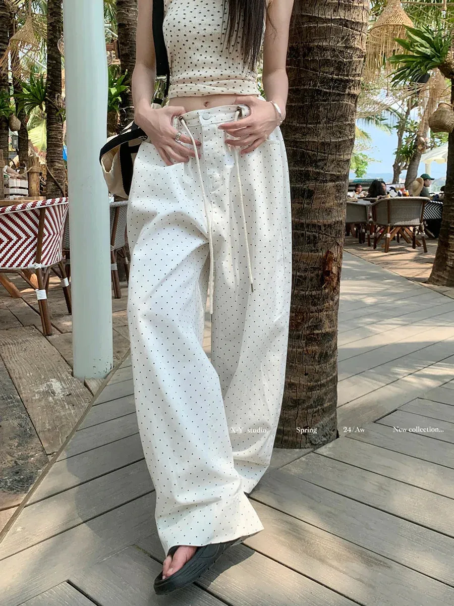 Elastic Drawstring Polka Dot Women Spring Summer Oversized Casual Vintage Y2k Wide Leg Denim Jeans