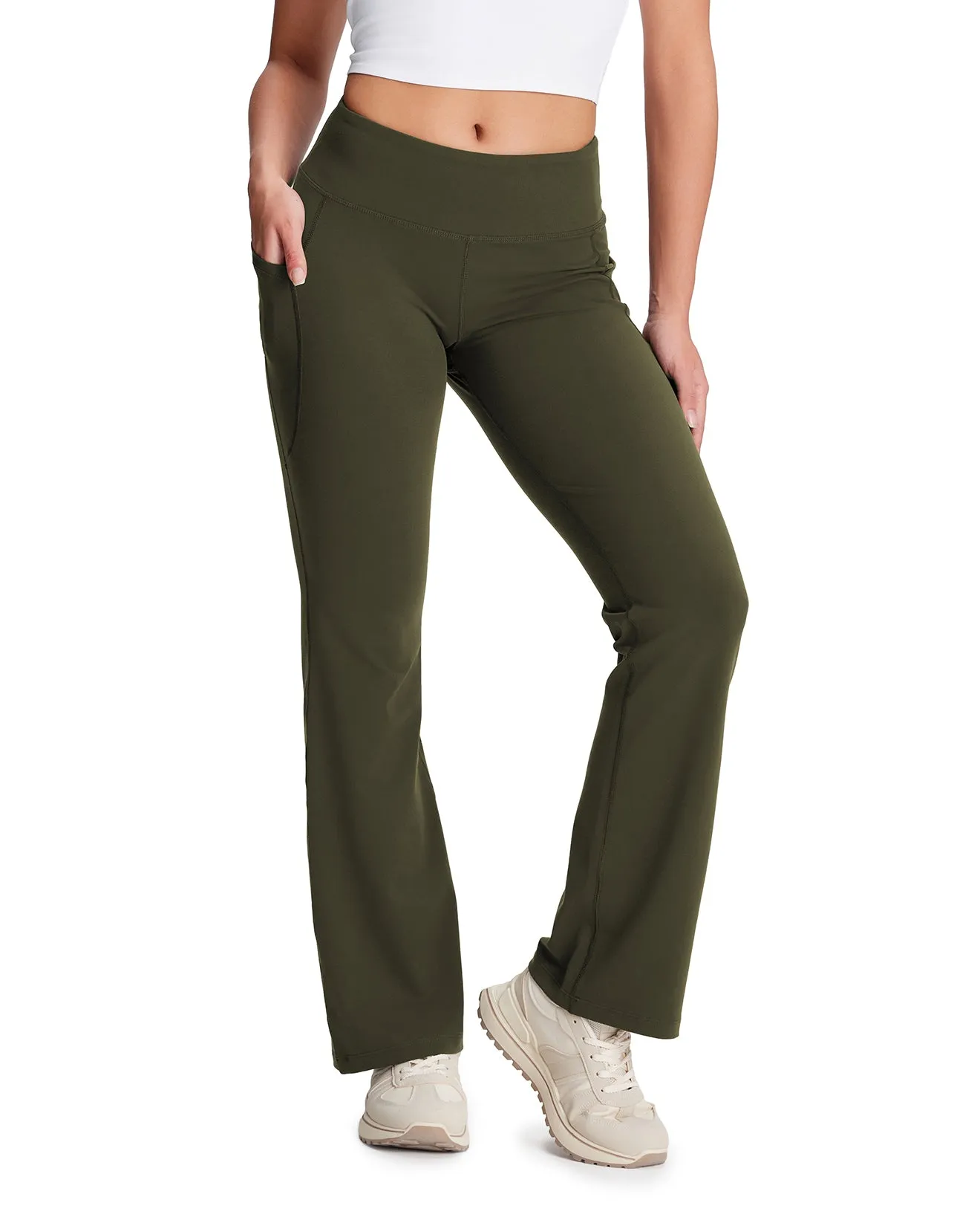 Essential Bootcut Yoga Pants, Side Pockets (Dark Olive)