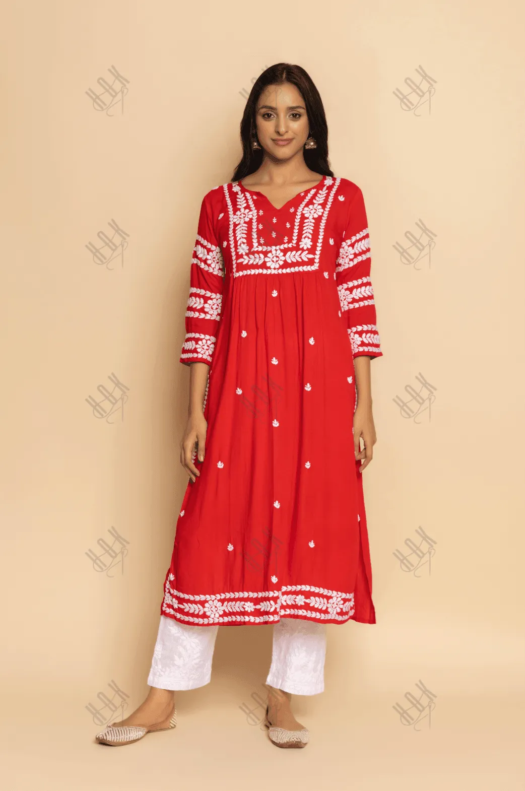 Fizaa in Chikankari Long Kurta in Rayon Cotton for Women- Red