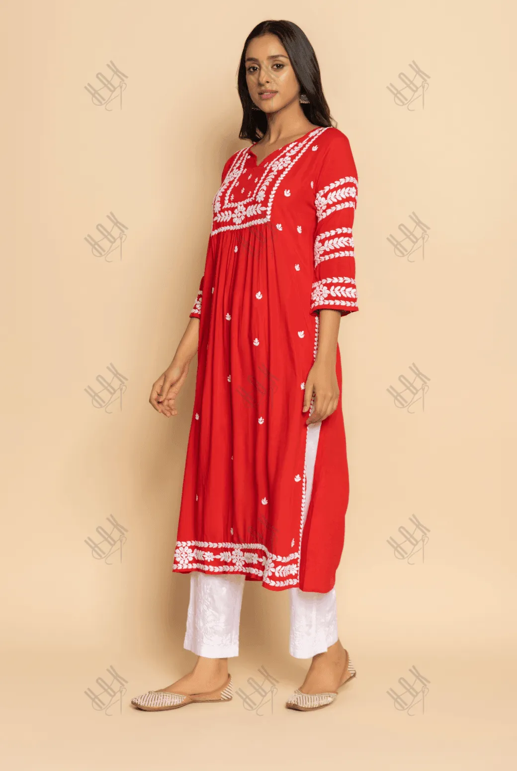 Fizaa in Chikankari Long Kurta in Rayon Cotton for Women- Red