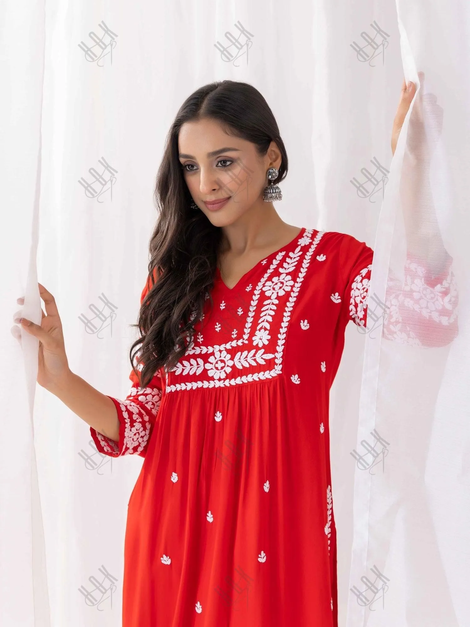 Fizaa in Chikankari Long Kurta in Rayon Cotton for Women- Red