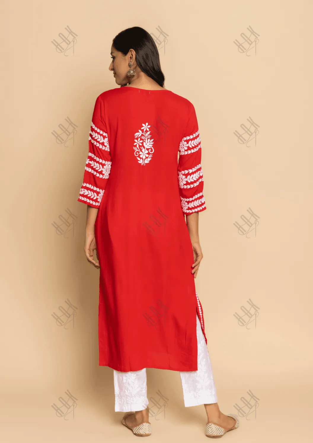 Fizaa in Chikankari Long Kurta in Rayon Cotton for Women- Red