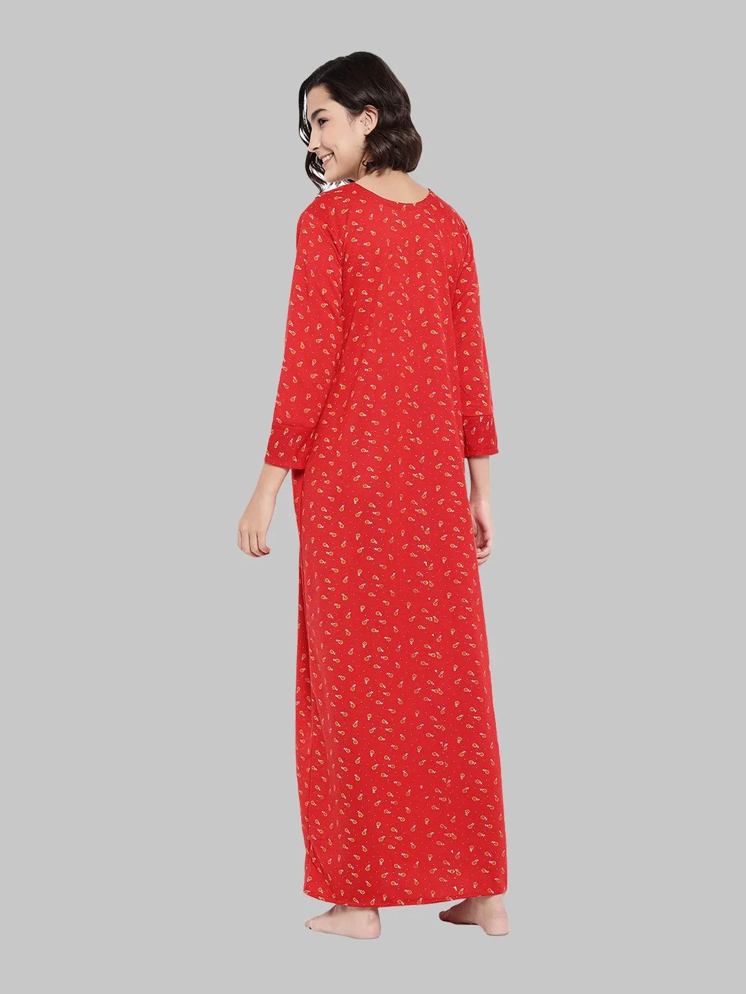 Floral Woolen Nighty - Red & Golden