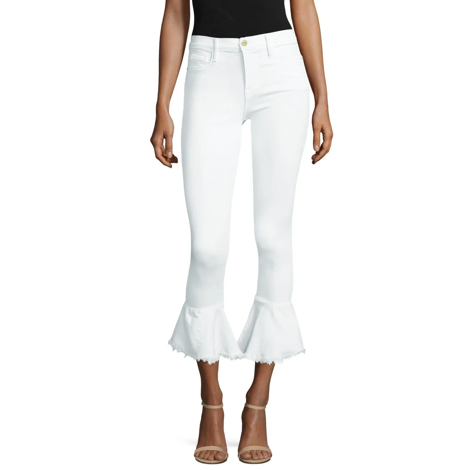 Frame Women's Le Skinny Flared Cut-Off Hem Mid Rise White Denim Jeans