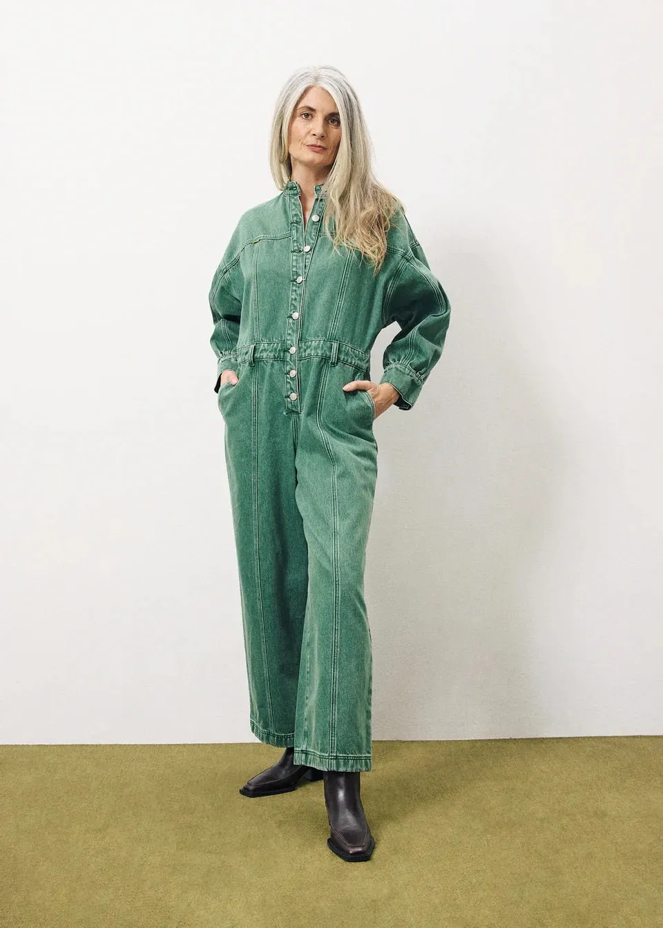 Frnch Evaelle Denim Jumpsuit in Vert Green