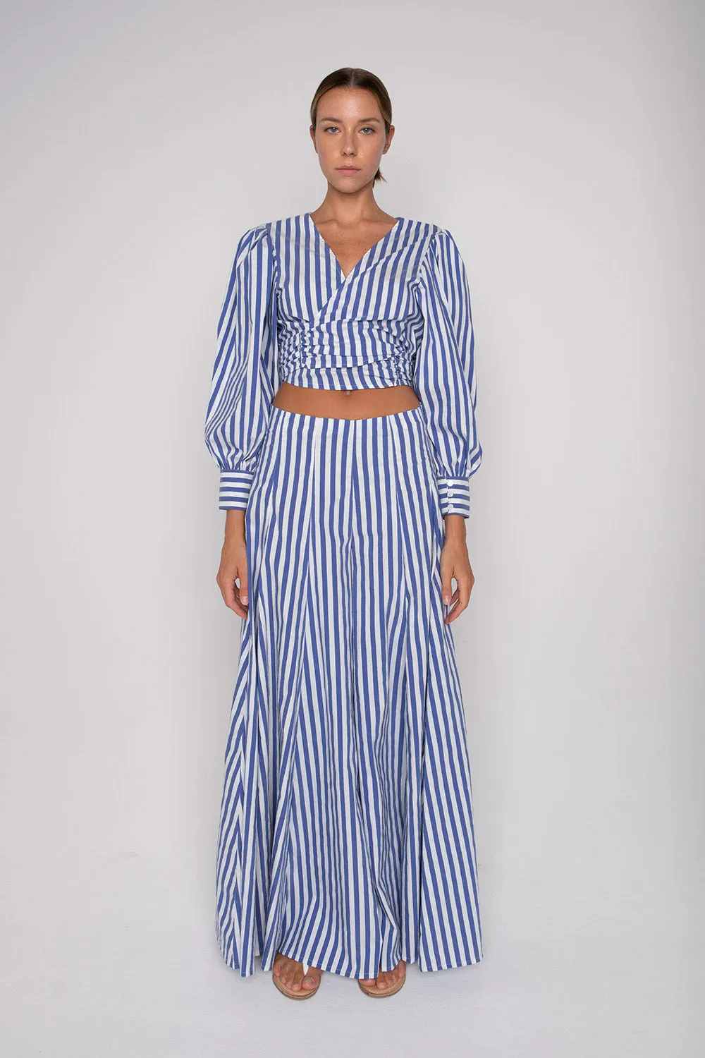 Full Length Wide Leg Pant - Blue   White Stripe