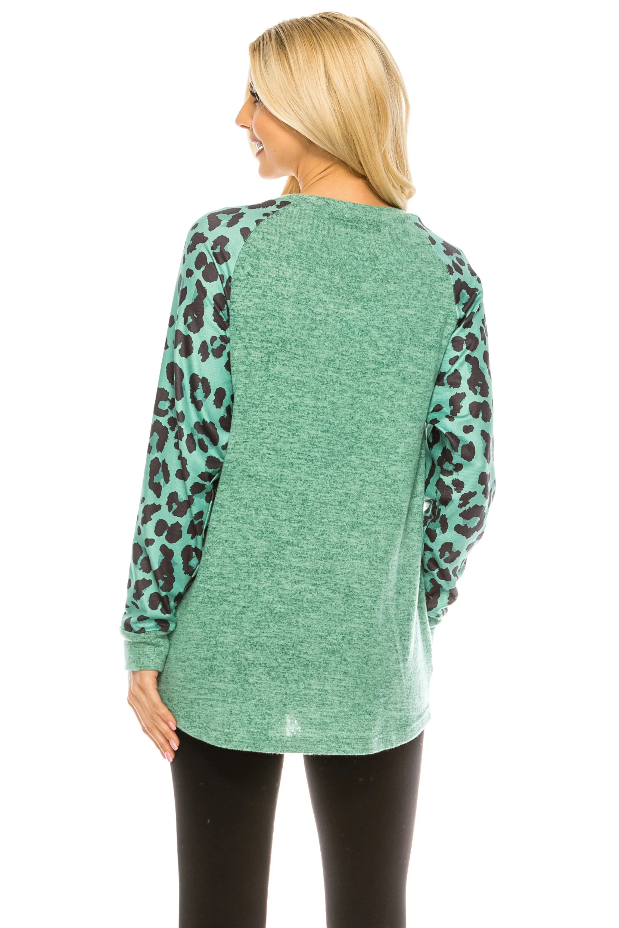 Haute Edition Women's Ultra Soft Long Sleeve Spring Pullover Leopard Raglan Sweatshirt